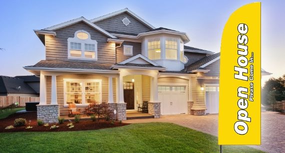 real estate flag in front of house