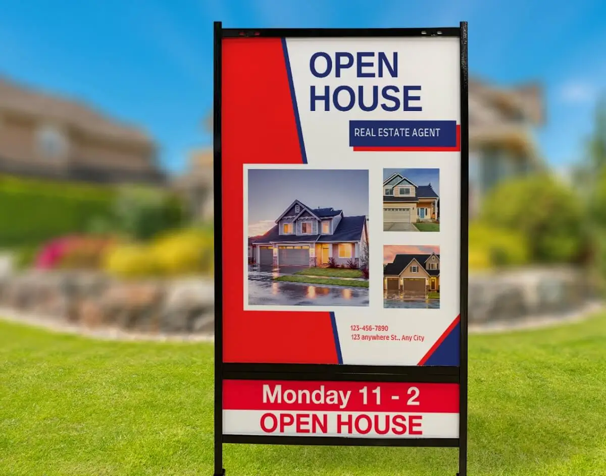 Red and white open house sign