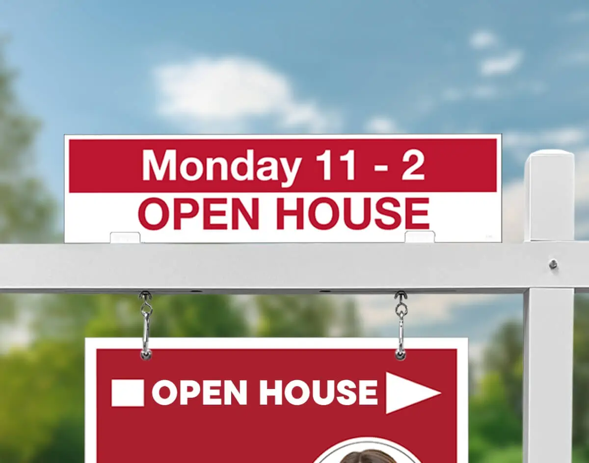 Red, white, and blue open house sign