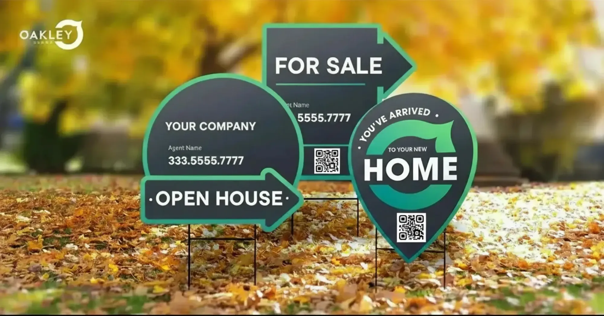 Collection of customizable real estate yard signs, including For Sale, Open House, and Welcome Home designs with QR codes, displayed on a lawn with autumn leaves.