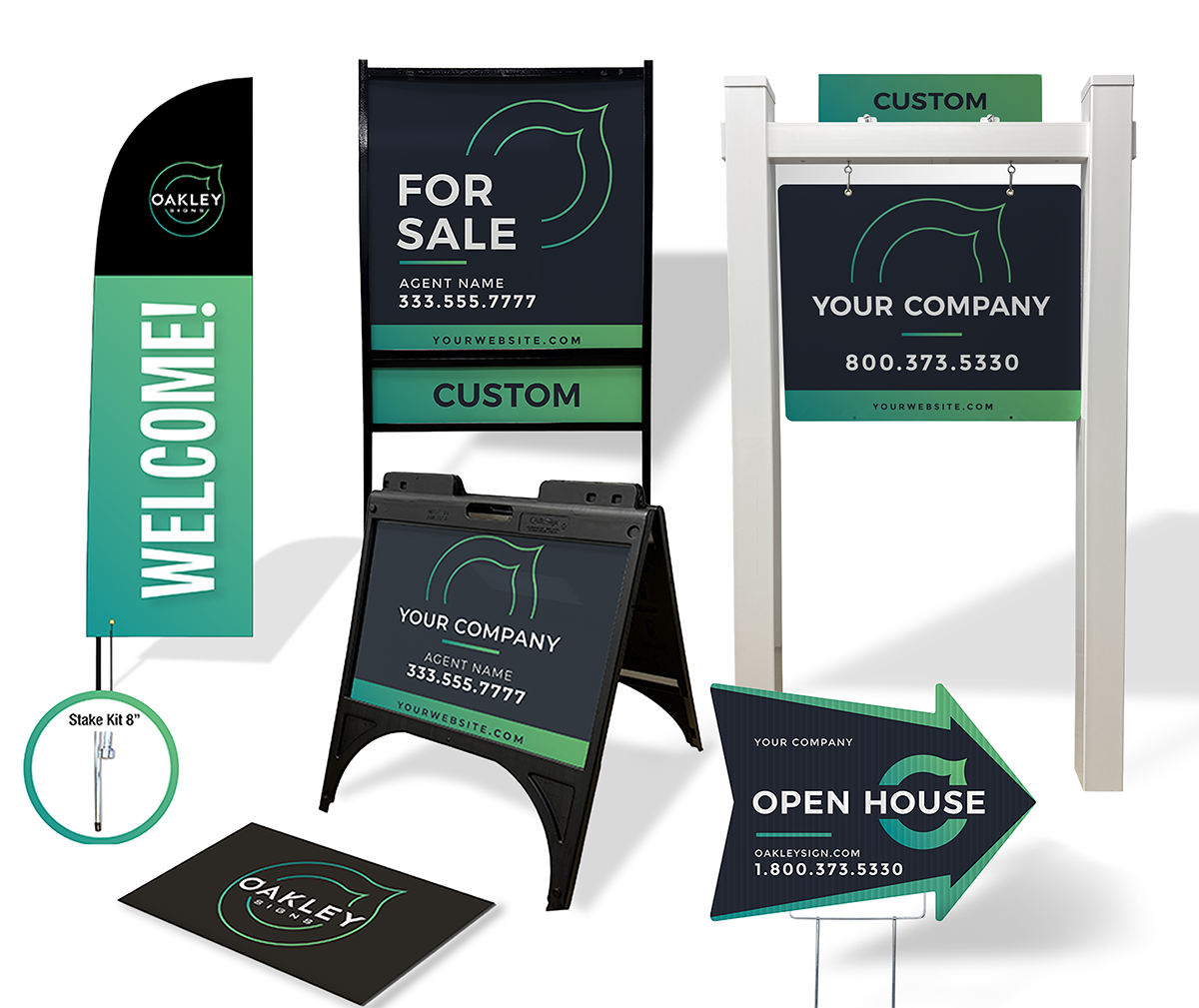 Oakley Signs real estate agent kit featuring for sale panels, open house signs, directional signs, and a sold rider displayed in front of a luxury home