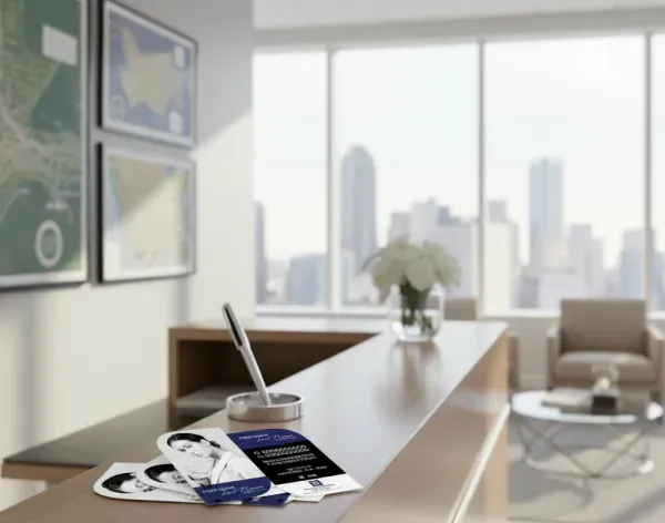 Modern office desk with business cards, a pen holder, and a city skyline view through