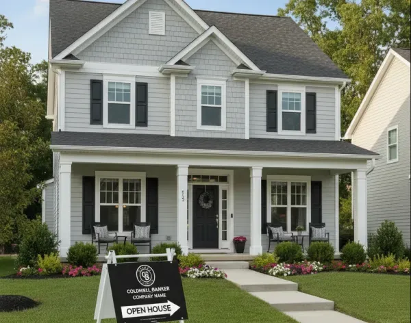 Gray two-story craftsman home with a Coldwell Banker open house sign on the front lawn