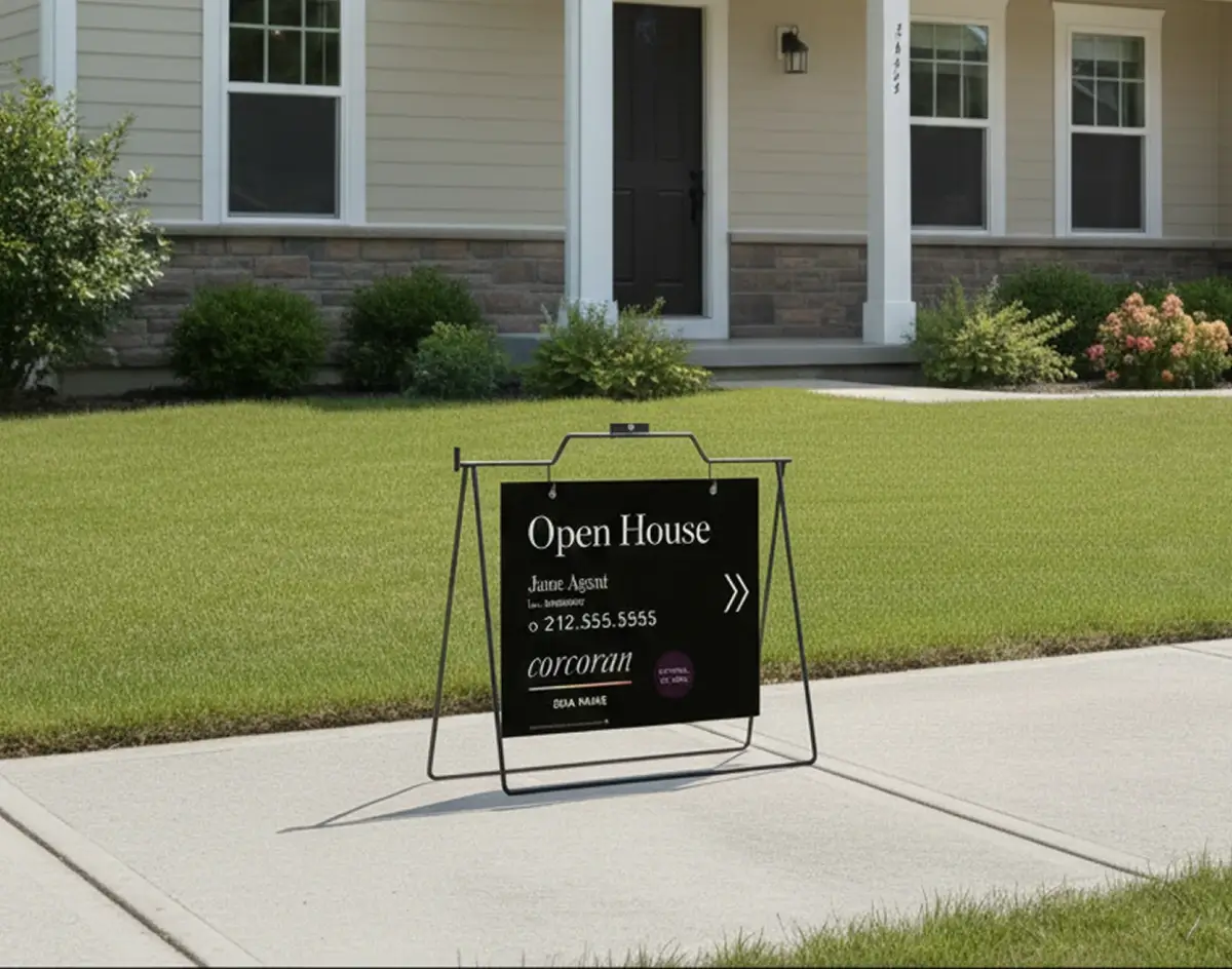 Corcoran open house A-frame swing sign in black with white text displayed on a residential driveway