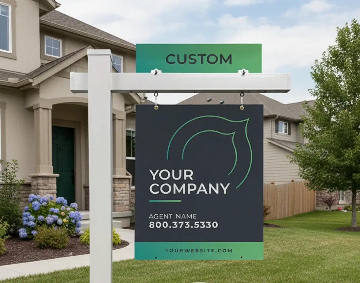 Custom real estate for sale sign in dark gray and green with a teal custom rider panel displayed on a white post in a suburban neighborhood