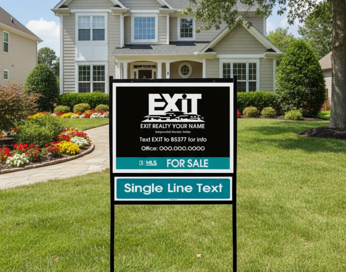 EXIT Realty for sale yard sign with teal and black branding displayed in front of a well-landscaped suburban home