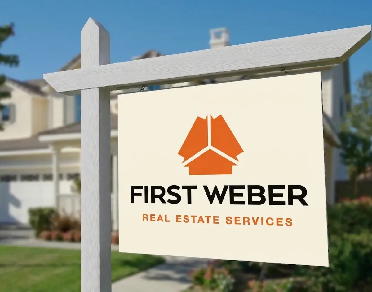 First Weber Real Estate Services for sale sign in cream with orange logo hanging from a white post in front of a suburban home