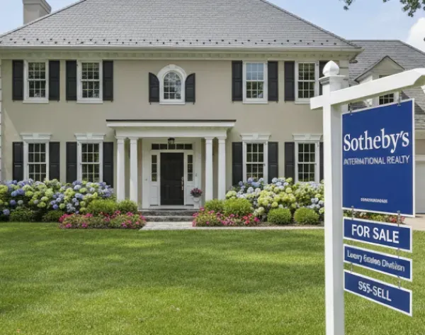 Sotheby's International Realty for sale sign in front of a classic colonial luxury home with blooming hydrangeas