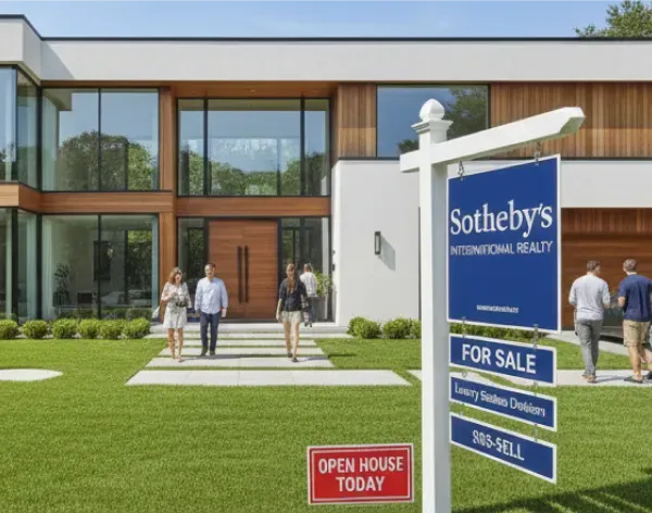 Sotheby's International Realty for sale and open house sign in front of a contemporary luxury home with visitors during an open house