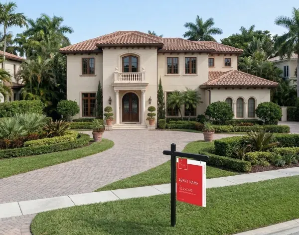 Luxury Mediterranean estate with terra cotta roof and real estate sign.