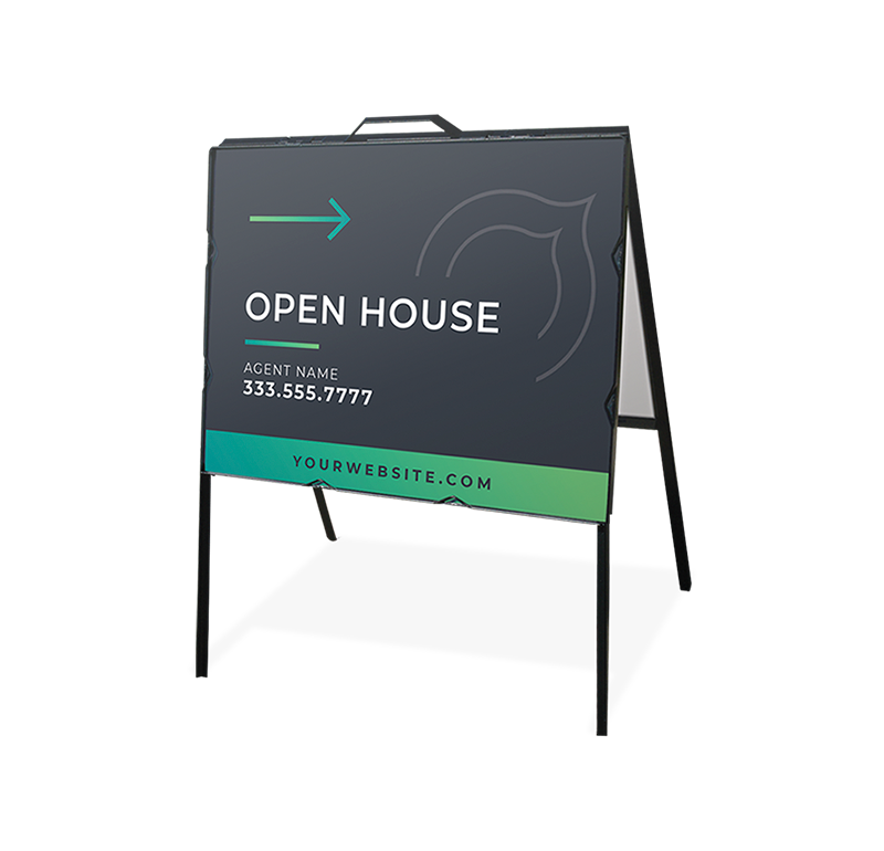 Real estate directional sign posted at a street corner pointing buyers toward an open house.