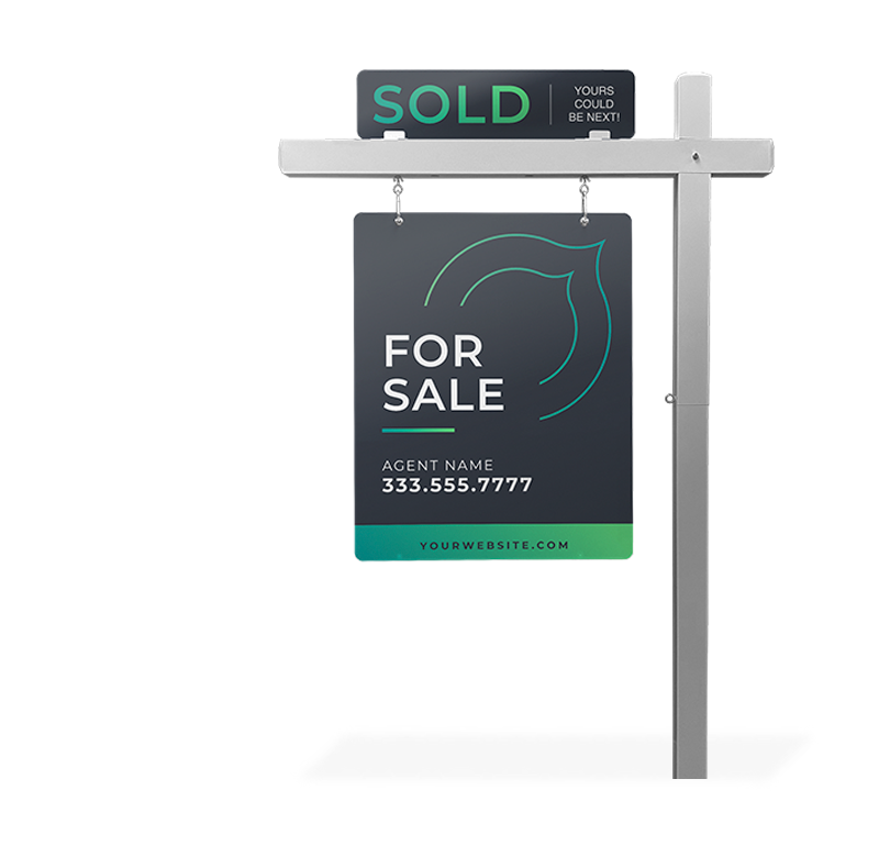 Branded real estate sign post with panel installed in front of a home for sale.
