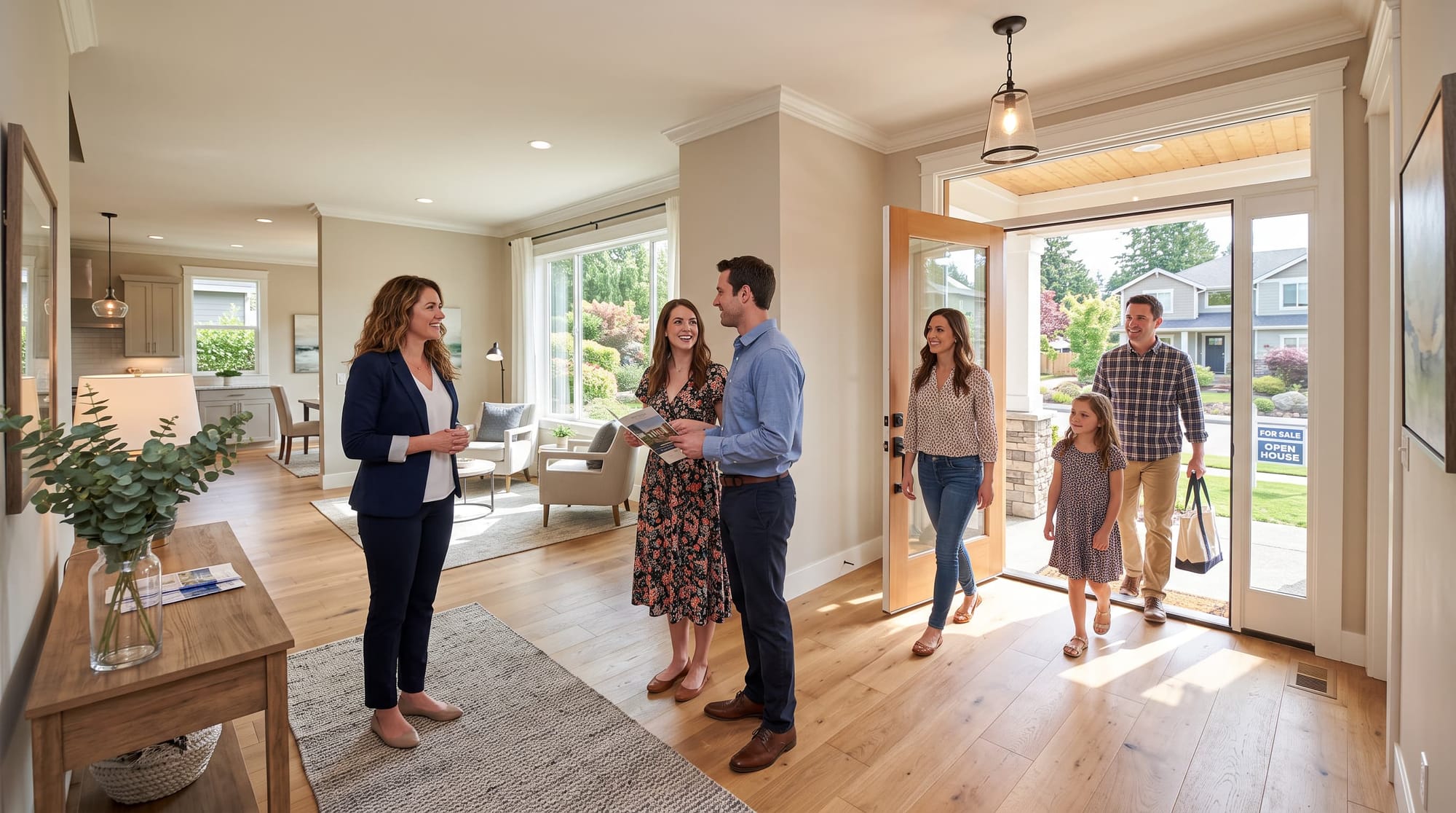 A well-attended open house with visitors walking through a bright, welcoming home.
