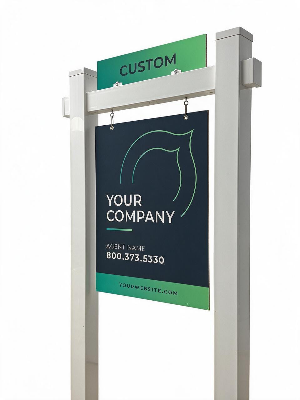 Branded real estate sign system with panel, rider, and flag.