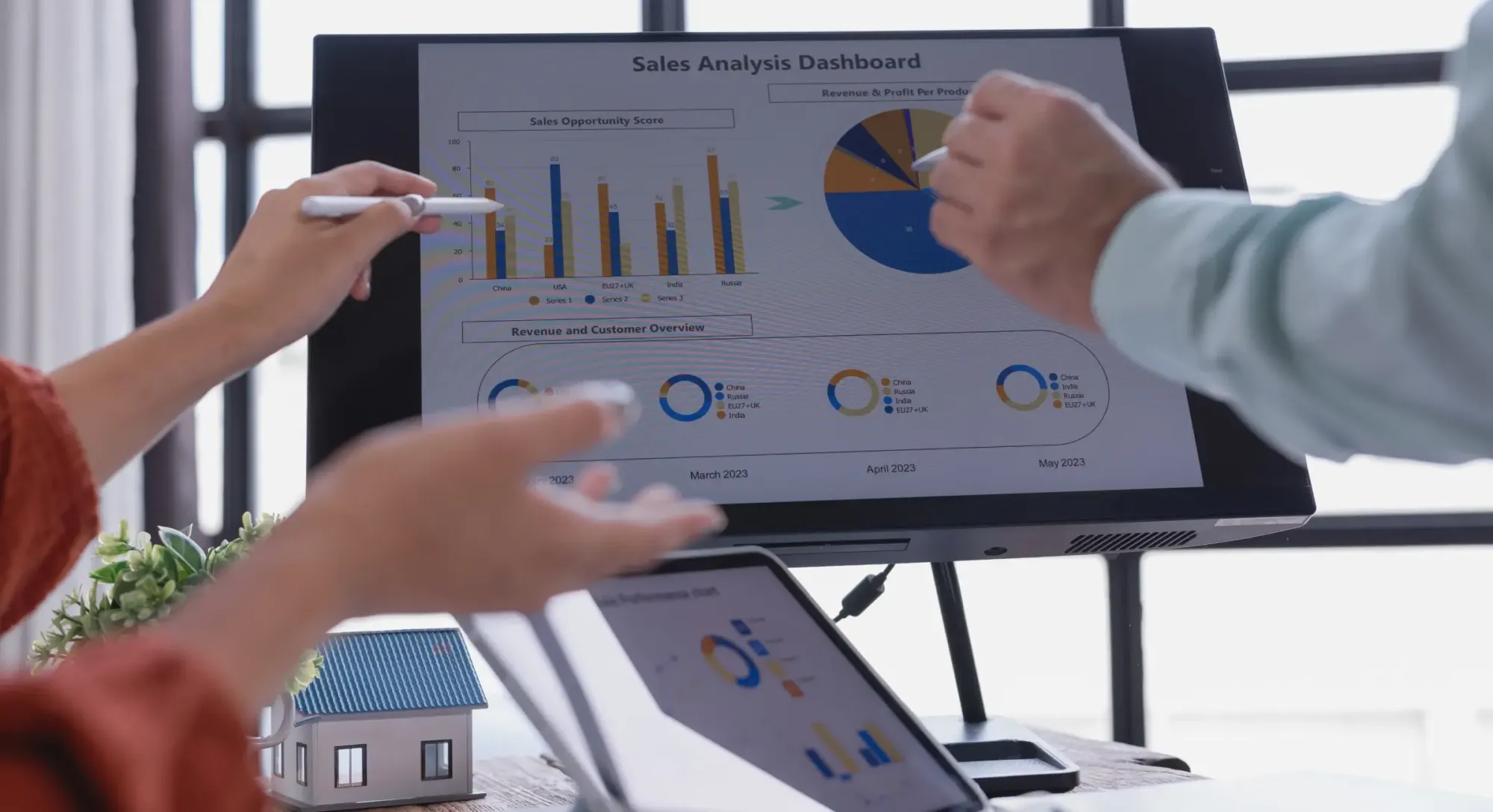 Business professionals pointing at a sales analysis dashboard with bar chart